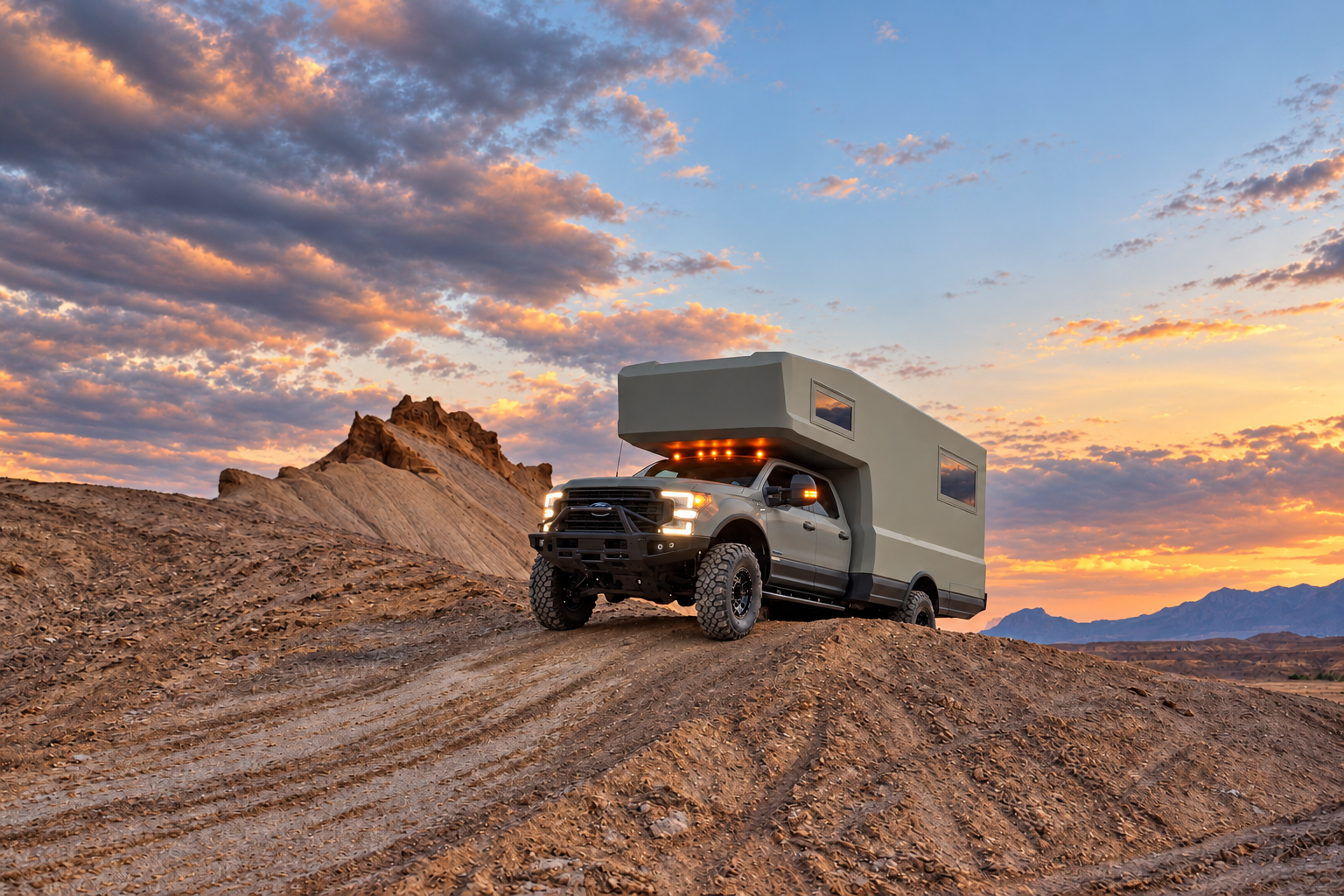 SALT expedition truck on a rocky desert ridge beneath a glowing sunset, with its amber lights illuminated