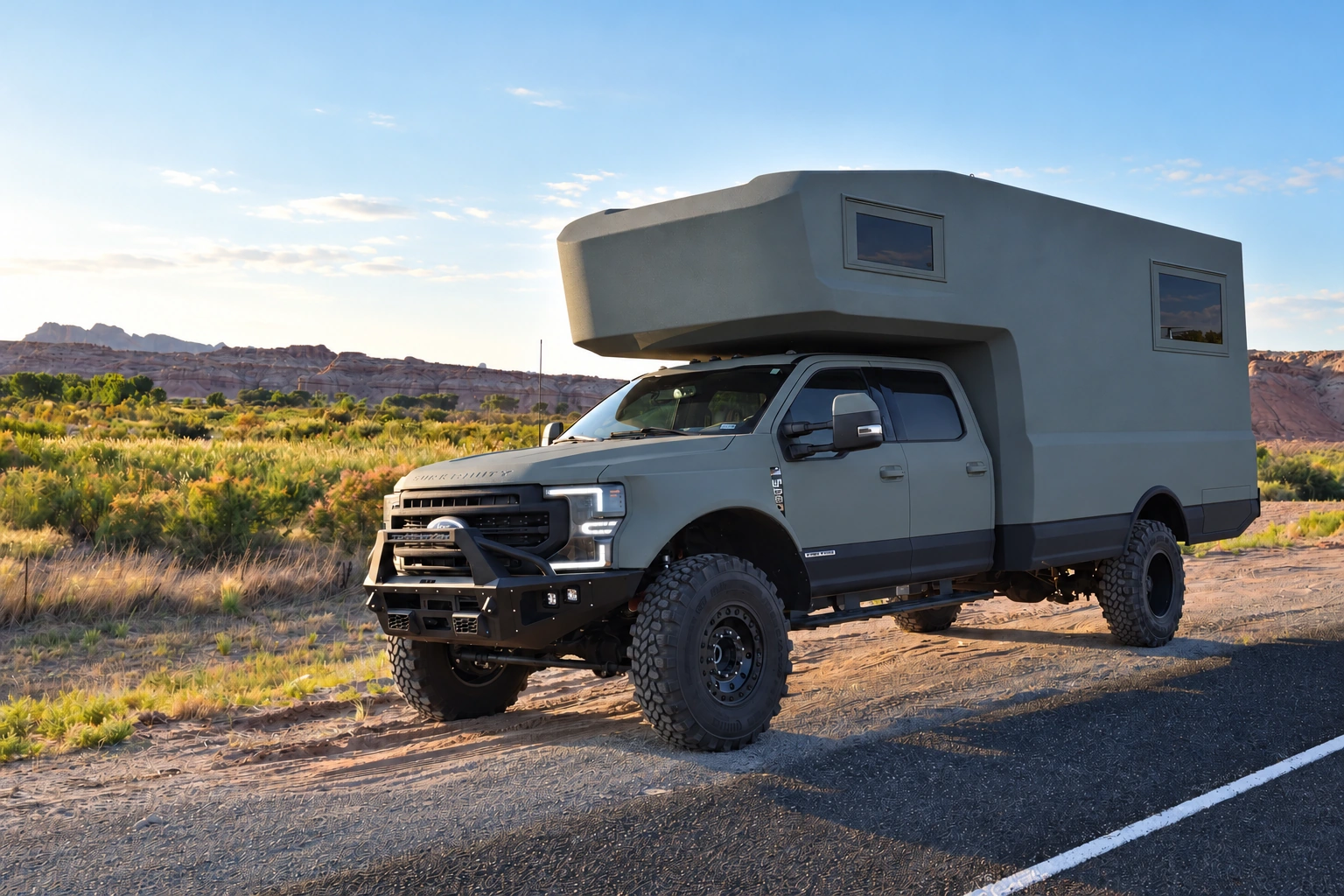F550 expedition vehicle prototype on a bright salt flat with mountains beyond